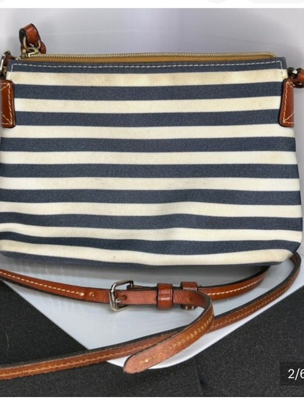 Vintage Dooney & Bourke Navy and Cream Striped Crossbody with Brown Leather Trim - Picture 5 of 5